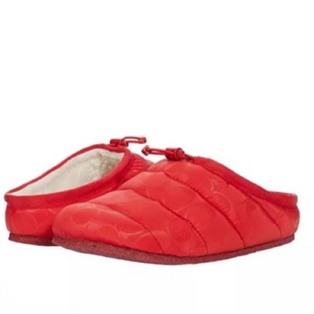 COACH Red signature logo puffer & faux shearling indoor/outdoor slippers NEW